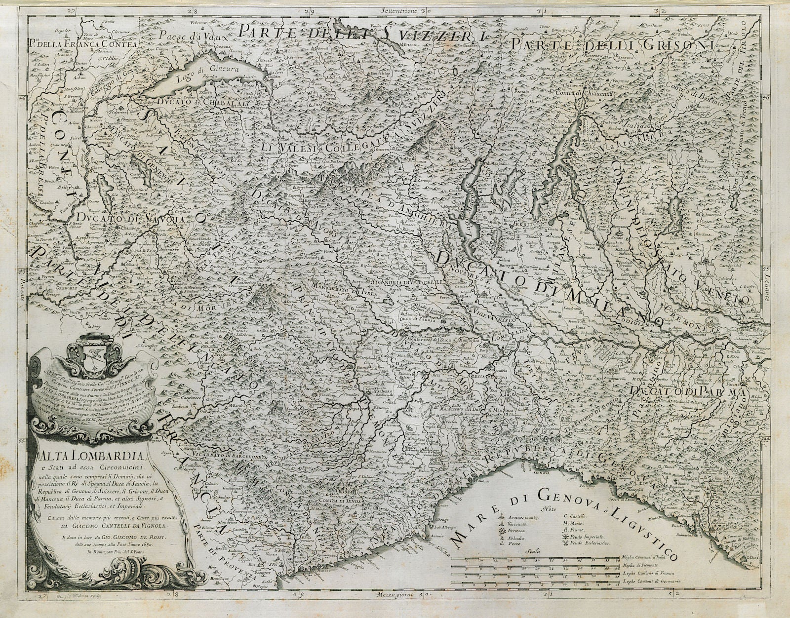 Alta Lombardia. NW Italy. Piedmont Aosta Liguria Alps. ROSSI / CANTELLI 1680 map